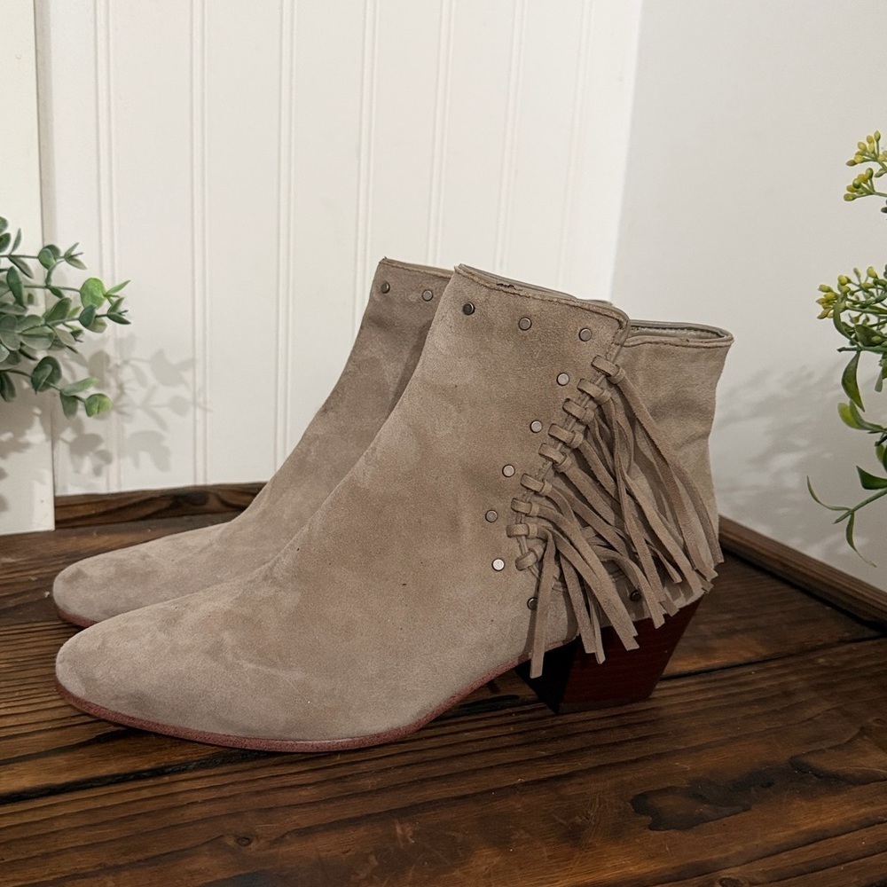 NWT Sam Edelman Fringe Studded Suede Ankle Boots - Taupe Color